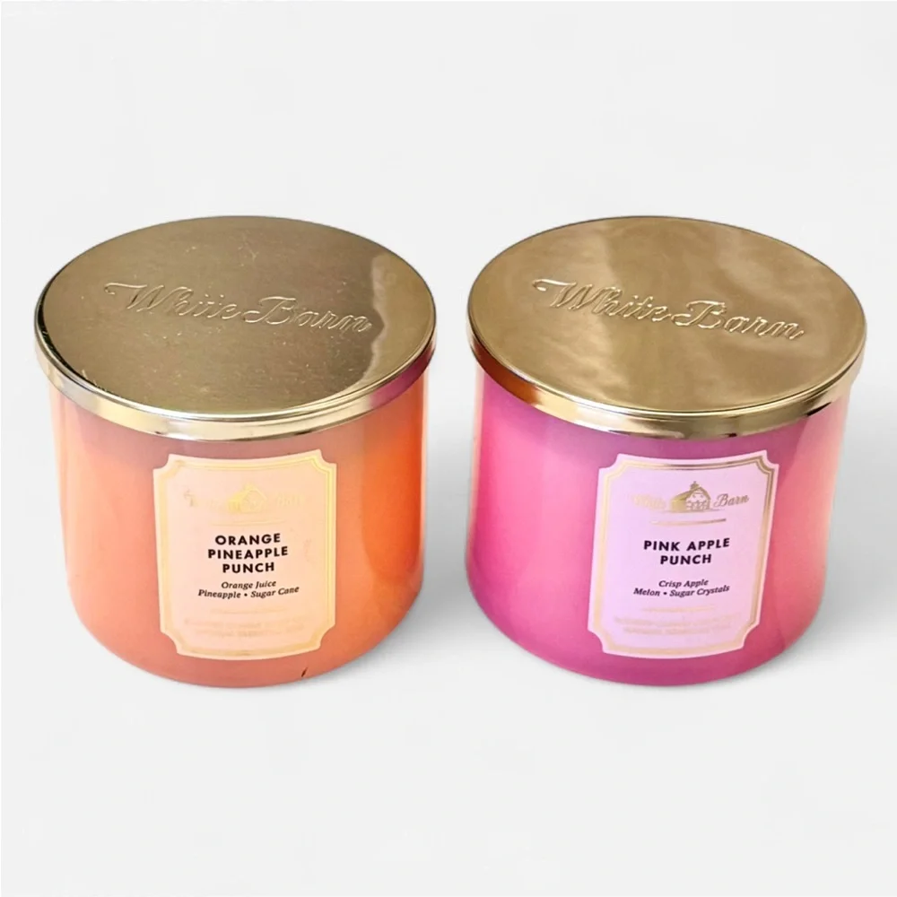 (2) White Barn Candles Orange Pineapple Punch & Pink Apple Punch 3 Wick NWT Lids - Picture 3 of 6